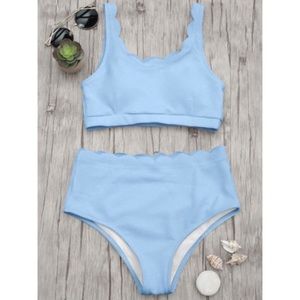 Zaful Blue Scalloped Bikini Set High Waist